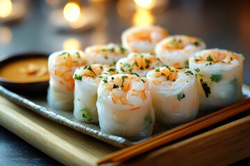 Sticker - Fresh shrimp spring rolls served with a dipping sauce on a wooden platter.