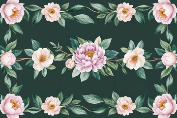 Wall Mural - Endless Watercolor Border Design Featuring Forest Green Leaves Pale Flowers Peonies and Leafy Vines for Wedding Invitations and Greeting Cards