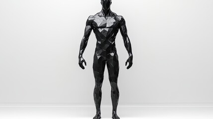 A black polygonal human figure stands in front of a white background, arms by his side.