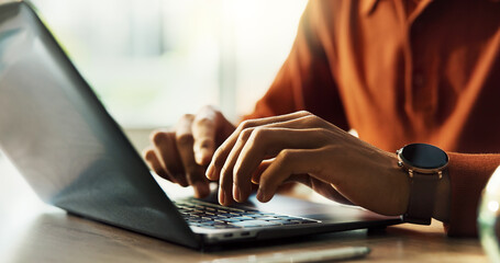 Poster - Remote work, typing and laptop with hands of person in home office for research, networking and email. Newsletter, online and copywriting with closeup of freelancer in apartment for writer and blog