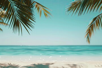 vibrant image of tropical sea beach mockup template with palm leaf background