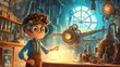 © Junior - A steampunk-inspired cartoon workshop where a young inventor builds a flying machine. Gears, pipes, and steam fill the room, while the glowing contraption takes shape in the center. The inventor’s