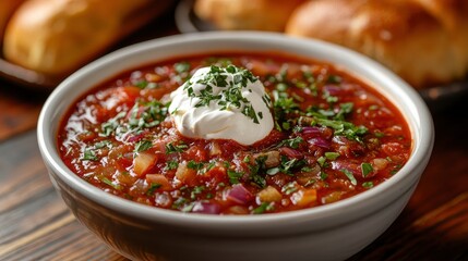 Wall Mural - A bowl of chili topped with sour cream and herbs, accompanied by bread rolls.