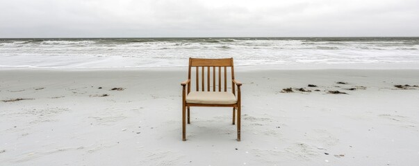 Wall Mural - A solitary chair on a beach with waves in the background, evoking contemplation and solitude.