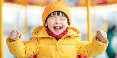 Wall Mural - A young child wearing a yellow jacket and a red scarf is smiling and laughing