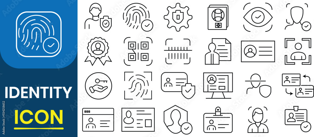 Identity icon set. Identity Check, Personal Profile, Authentication Key ...