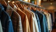 © Pete - Vintage ethical fashion items hang in boutique. Sustainable, timeless designs. Clothes are displayed on wooden hangers. Variety of colors, patterns are visible. Stylish jackets, shirts are on display.