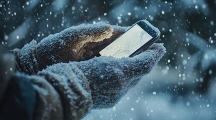 Mobile phone with blank screen on the snow,Smartphone with a white screen in the hands of a young man,copy space,networking service,winter snow time with snowfall.