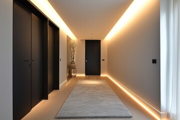 Sticker - Serene hallway with soft gray rug, sleek black doors, and gentle lighting.