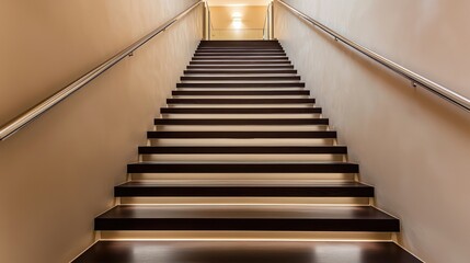 Canvas Print - Bright villa hall with floating staircase, soft beige tones, and architectural lighting.