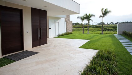 Wall Mural - Modern house with large front yard, palm trees, and contrasting wooden and white doors.