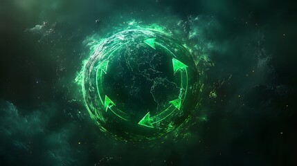Wall Mural - glowing green earth with circular arrows, symbolizing global sustainability and interconnectedness w