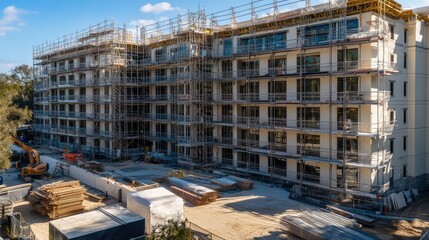 Wall Mural - A large hotel complex under construction, with scaffolding covering the exterior and balconies still being installed