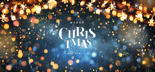 Wall Mural - merry christmas and happy new year, christmas snowflake lights with falling snow and background boke