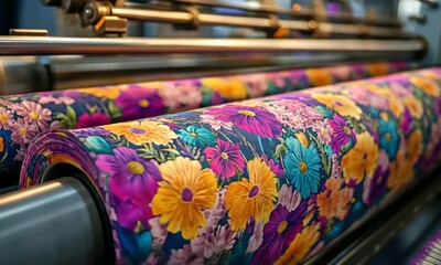 Vibrant floral fabric rolls on a textile printing machine.