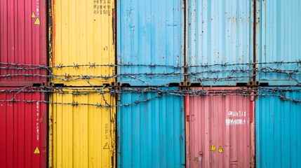 Poster - A vibrant arrangement of shipping containers in blue, red, yellow, and green, showcasing industrial design and color contrast.