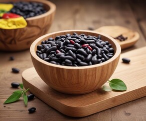 Wall Mural - Black beans in a bowl with a single piece of wood next to it, table, black beans