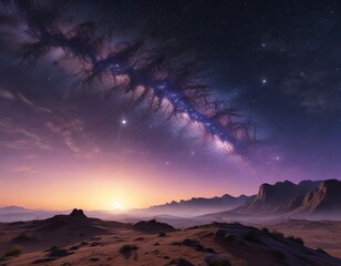 Canvas Print - radiant stars shining brightly against a deep purple twilight background with the milky way stretchi