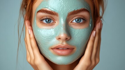 A woman with a green facial mask, gently holding her face, showcasing skincare routine.