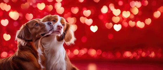 Wall Mural - Two adorable dogs share a sweet moment against a romantic, heart-themed background, conveying love and companionship.