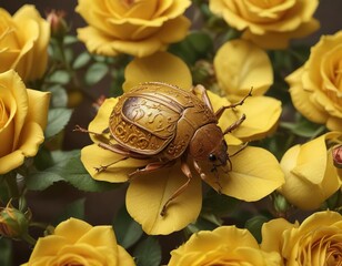 Wall Mural - A brown bean bug on the petals of a yellow Charleston rose with intricate details , closeup, entomology, insect