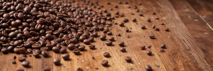 Wall Mural - Aromatic coffee beans scattered on a wooden table , warm, beans, natural