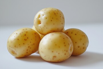 Beautiful fresh potatoes stacked on a white background with speckled skin