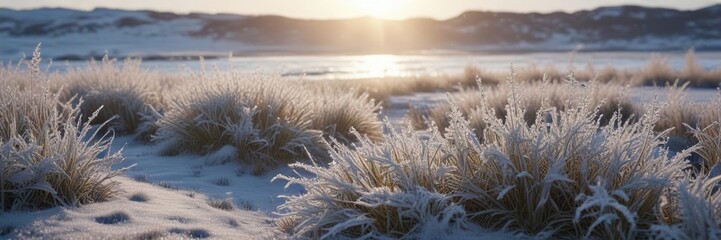 Wall Mural - abstract ocean on a frosty winter day with hoarfrost covered grass , background, winter, frozen