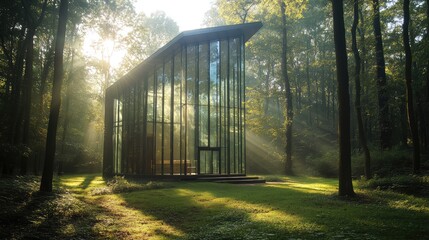 Sticker - A modern glass chapel in a forest clearing, with sunlight streaming through its transparent walls onto the simple interior