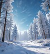 © methinee - A serene snow-covered landscape with tall trees, sparkling snowflakes, and a bright blue sky on a cold winter day , white snow, peaceful scene, cold weather