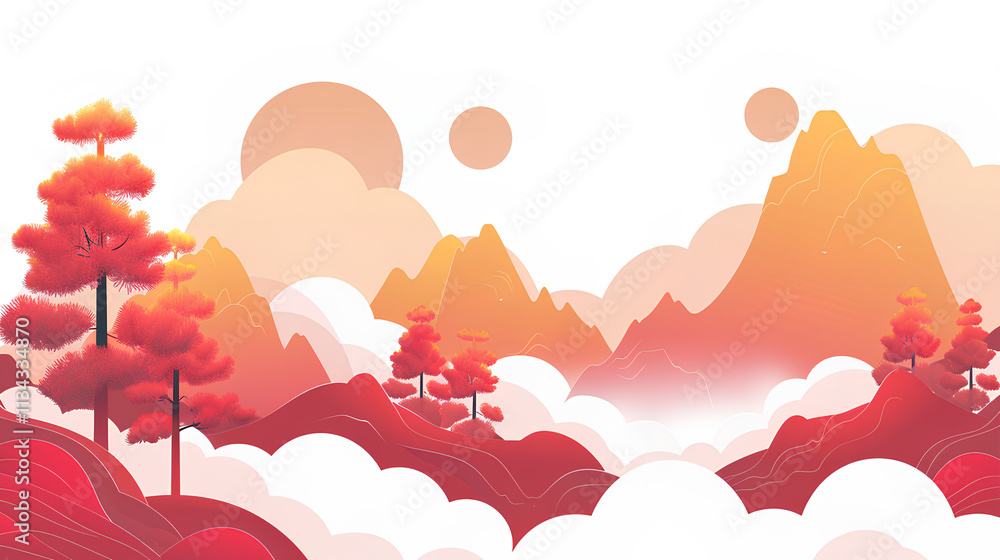 Auspicious red cloud border on a white background, with a simple and ...