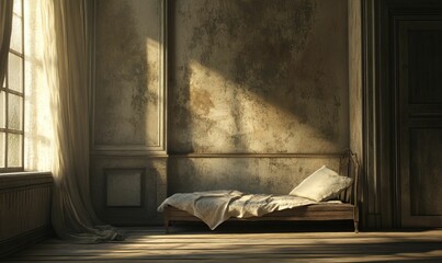 Poster - Sunlit rustic room; simple wooden bed, worn walls.