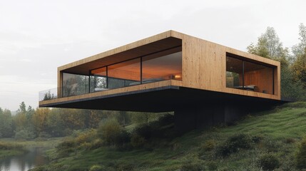 Wall Mural - A modular house with cantilevered sections and angled roofs, set against a serene hillside landscape