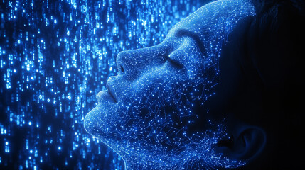 Futuristic digital female face in cascading blue light particles, advanced AI and technology concept background header or website banner