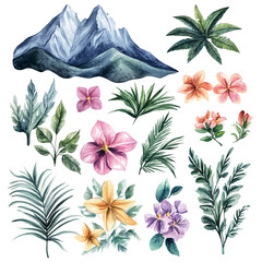 Wall Mural - Watercolor Tropical Flowers and Mountain Landscape