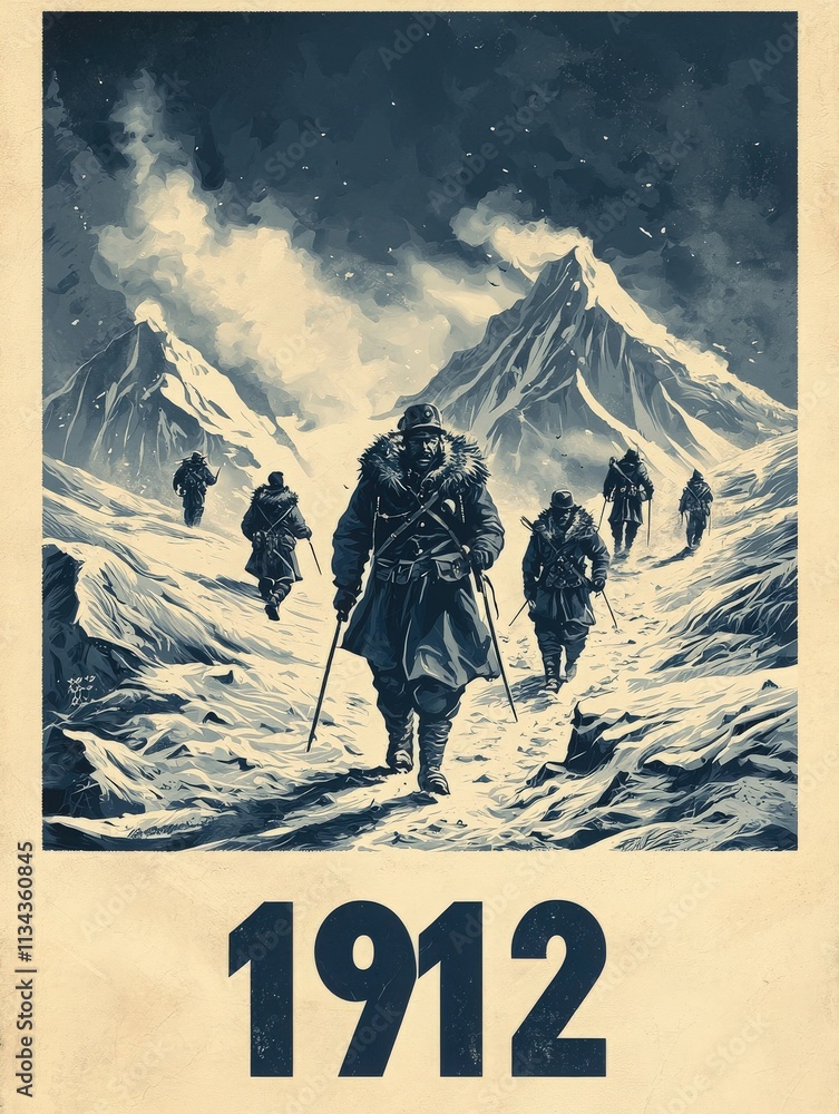 A group of six explorers navigates a snowy landscape, surrounded by towering mountains under a cloudy sky.