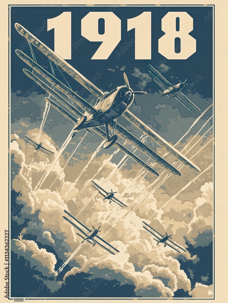 A vintage-style illustration showcases fighter planes in flight, performing aerial maneuvers against a backdrop of clouds.