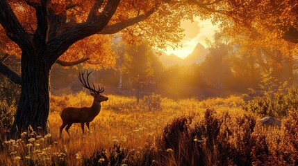 Wall Mural - Majestic Deer in Autumnal Landscape: A Golden Sunset Serenade