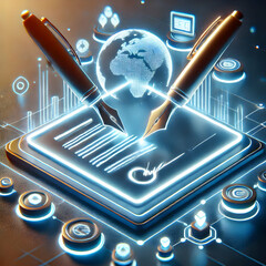 Wall Mural - 3D Macro shot of digital pens signing a virtual contract glowing interface with copy space concept as A macro shot of digital pens signing a virtual contract in a business setting. The glowing interfa