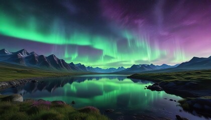Wall Mural - a vast starry expanse with vibrant northern lights in shades of green and purple, space, colorful,