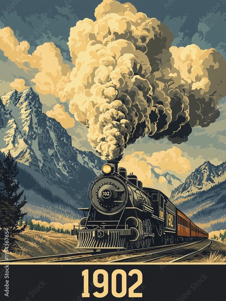 A vintage steam locomotive powers through a scenic mountain range, emitting thick clouds of smoke into the sky. This scene captures the essence of rail travel in 1902.