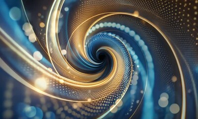 Abstract swirling vortex of luminous blue and gold particles.