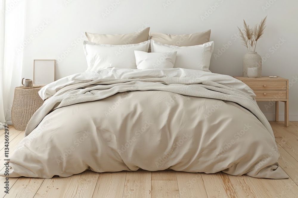 A serene bedroom featuring a large bed adorned with neutral-colored bedding and cushions. Soft lighting highlights the simple decor, creating a calm atmosphere ideal for rest and relaxation.