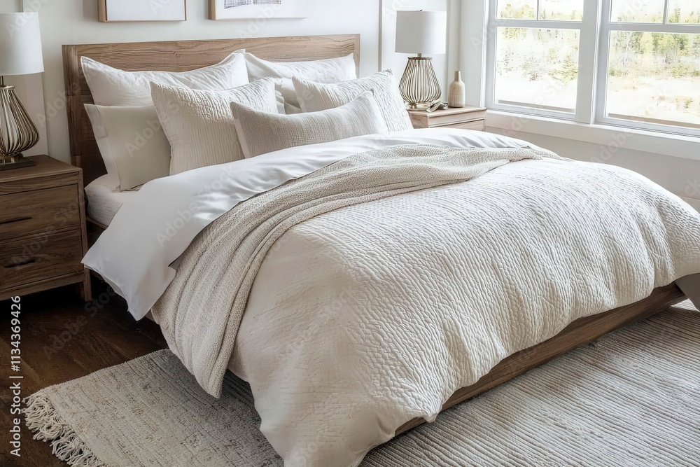 A serene bedroom featuring a wooden bed frame adorned with soft, layered neutral-toned bedding. Natural light floods through large windows, creating a calm atmosphere.