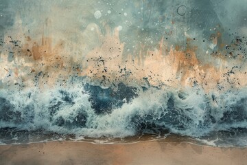 Wall Mural - Powerful ocean waves break against the shore at sunset, creating dramatic splashes of water and a blend of colors across the sky.