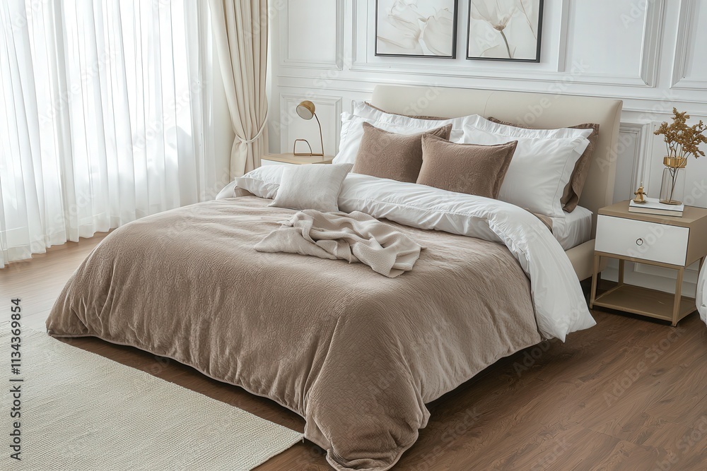 A spacious bedroom features a large bed adorned with soft, beige bedding and decorative pillows. Natural light streams through large windows, enhancing the serene atmosphere of the room.