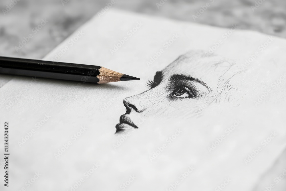 A close-up view of a partial sketch showcasing a womans profile, emphasizing delicate features and expressions. A sharpened black pencil rests next to the artwork, hinting at the artists process.