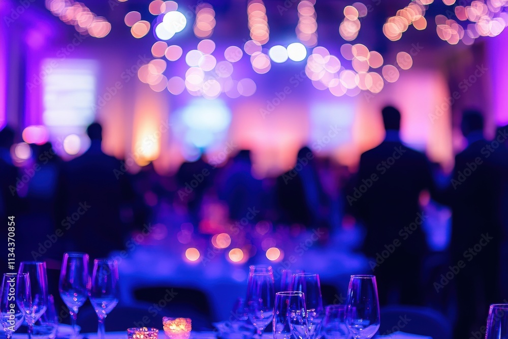 Guests enjoy a festive atmosphere at a well-decorated venue featuring soft purple lighting and elegantly arranged tables. Candles flicker and create a warm ambiance for the celebration.