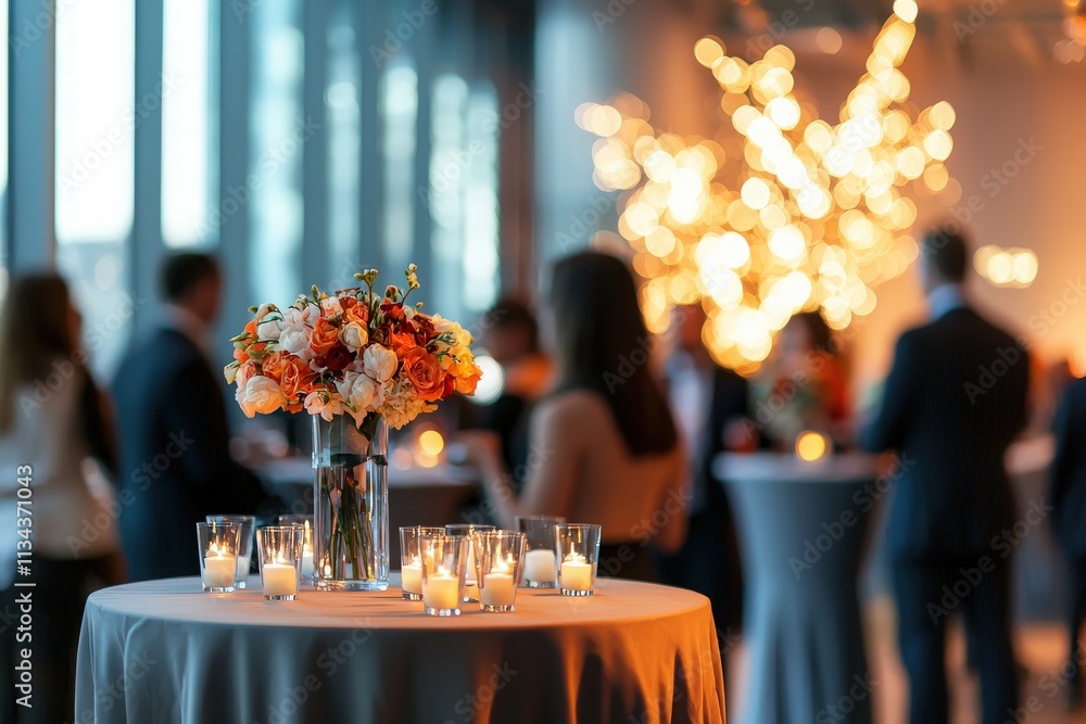 A sophisticated gathering features tables adorned with vibrant floral centerpieces and flickering candles.