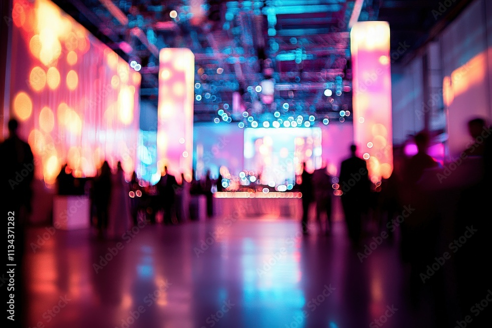 Vibrant lights illuminate a busy event space filled with guests mingling and enjoying the atmosphere. Colorful pillars and glowing backdrops enhance the lively scene.